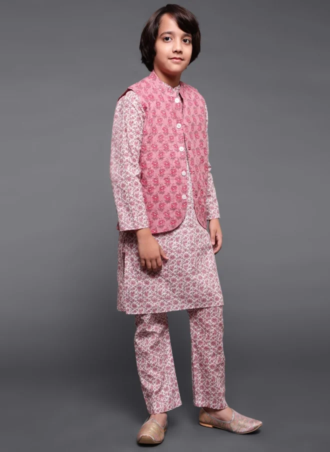 AKS Mauve Floral Printed 3-Piece Kurta Set for Boys