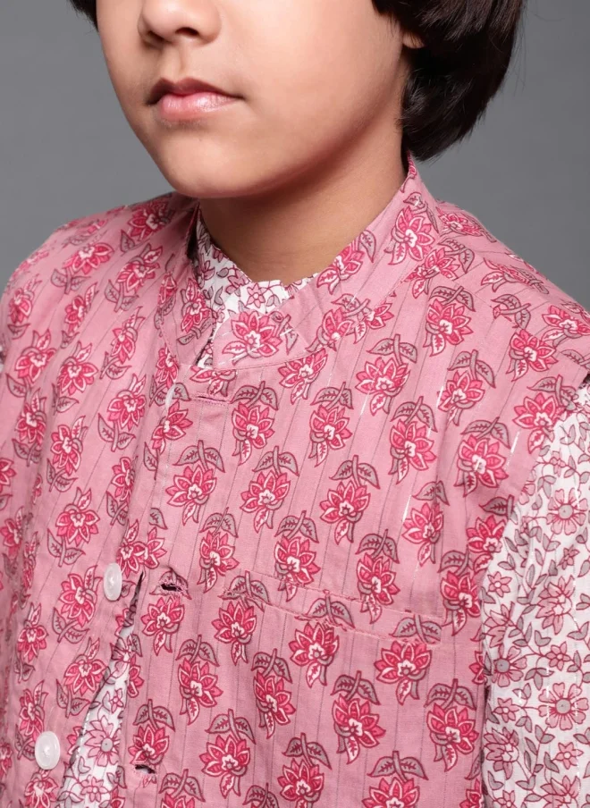 AKS Mauve Floral Printed 3-Piece Kurta Set for Boys