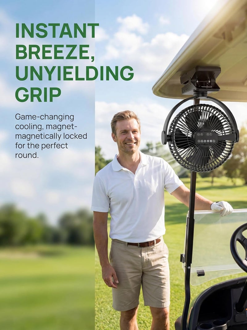 MAGOLFIN 8-Inch Magnetic Clip-On Fan for Golf Cart - 12000mAh Battery Operated with 5 Speeds and LED Lantern - Image 4