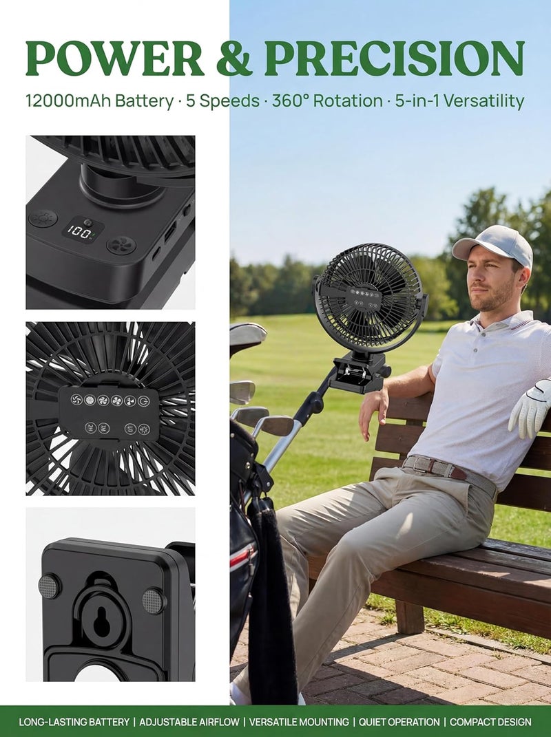MAGOLFIN 8-Inch Magnetic Clip-On Fan for Golf Cart - 12000mAh Battery Operated with 5 Speeds and LED Lantern - Image 3