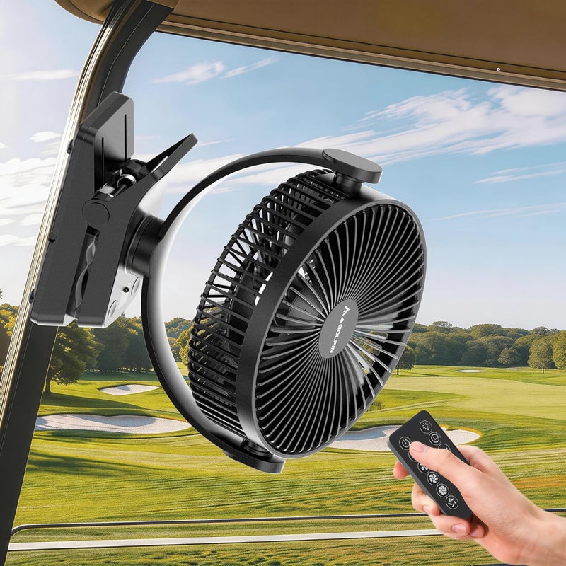 MAGOLFIN 8-Inch Magnetic Clip-On Fan for Golf Cart - 12000mAh Battery Operated with 5 Speeds and LED Lantern - Image 1