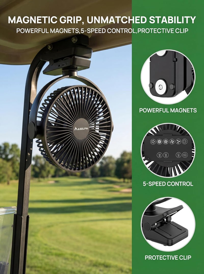 MAGOLFIN 8-Inch Magnetic Clip-On Fan for Golf Cart - 12000mAh Battery Operated with 5 Speeds and LED Lantern - Image 2