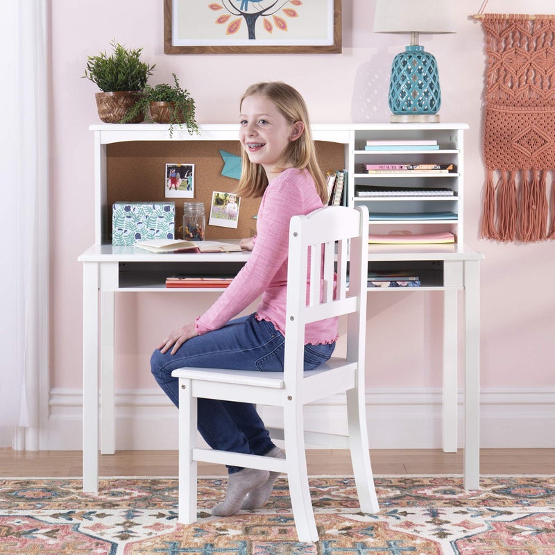 Guidecraft Kids Media Desk and Chair Set  White Kids Writing Desk with Hutch and Storage Shelves Computer Workstation with Corkboard Wooden Desk Set for Boys and Girls