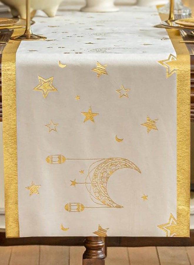 أعلام الطاولة عيد الفطر عيد الفطر شهر رمضان الحارق القمر الفانوس نجوم الطاولة أعلام المطبخ المنزل طاولة المطبخ لوضع القطع الموسيقية في الداخل عيد المزارع ديكور، أبيض، 33 × 180cm - Image 1