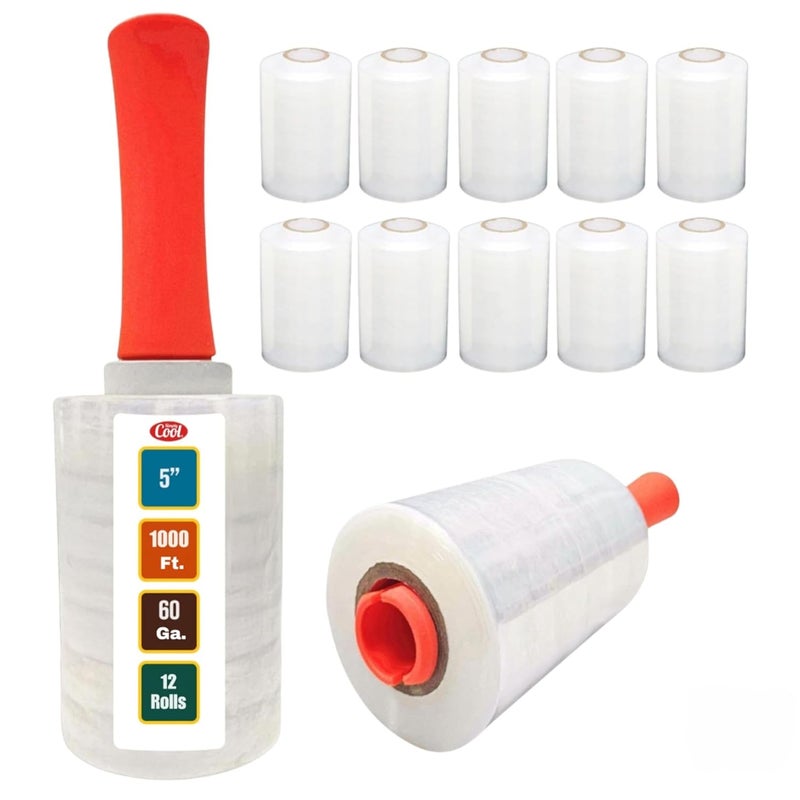 Simply Cool 12 Pack Industrial Strength Mini Hand Stretch Wrap with 2 Plastic Handles, 60 Gauge Thick, 5" x 1000 Ft Roll, Shrink Wrap Roll for Moving Pallets, Plastic Wrap for Packing, Heavy Duty Stretch Film - Image 1
