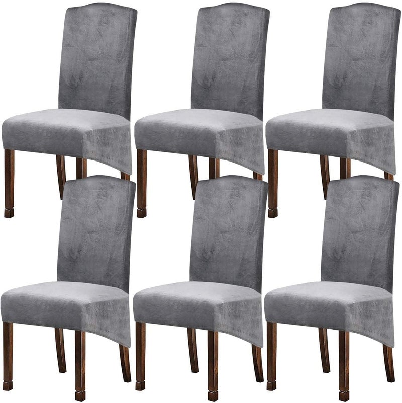 Velvet Plush XL Dining Chair Covers Stretch Chair Slipcover spandex High Chairs Protector Covers Seat Slipcover with Elastic Band for Dining Roomwedding ceremony banquet Silver Grey Set of 6