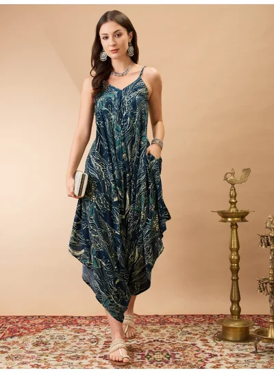 globus Women Teal Floral Print V-Neck Shoulder Strap Dhoti Style Fusion Jumpsuit