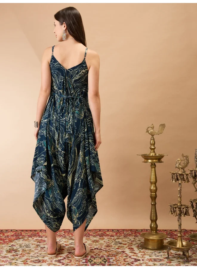 globus Women Teal Floral Print V-Neck Shoulder Strap Dhoti Style Fusion Jumpsuit