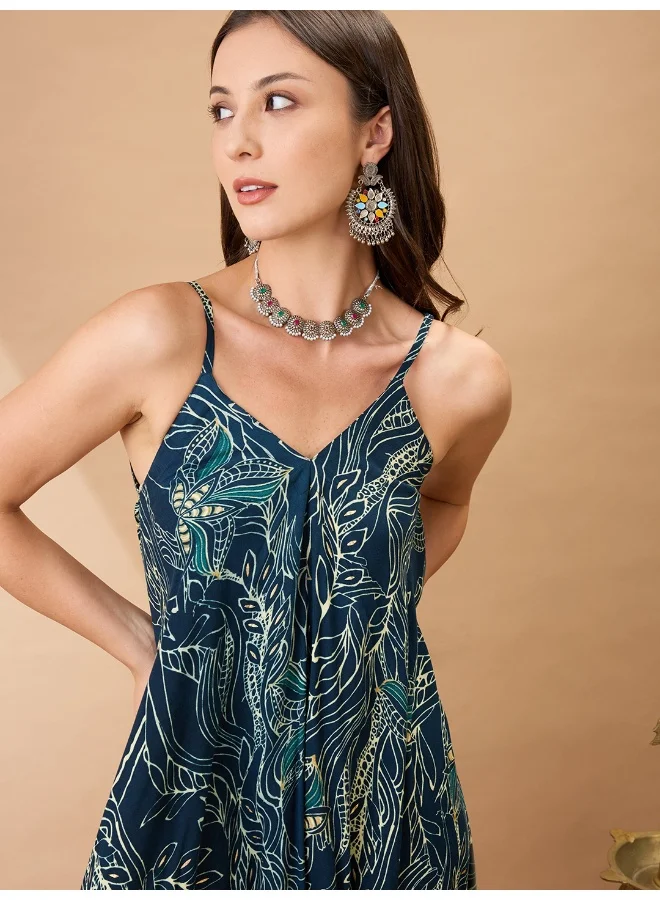 globus Women Teal Floral Print V-Neck Shoulder Strap Dhoti Style Fusion Jumpsuit