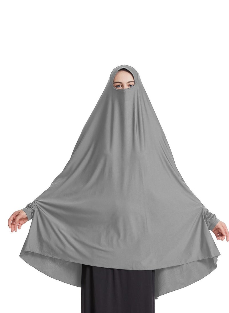 إسكدنيا Women's Solid Color Abaya Batwing Sleeve Thobe Robe With Hijab Grey  - Image 1