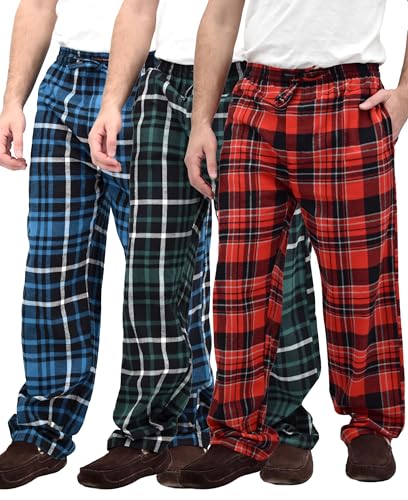 Andrew Scott Men's 3 Pack Cotton Flannel Fleece Brush Pajama Sleep & Lounge Pants (Medium, 3 Pack- Plaid -Slate Blue/Forrest Green/Red) - Image 1