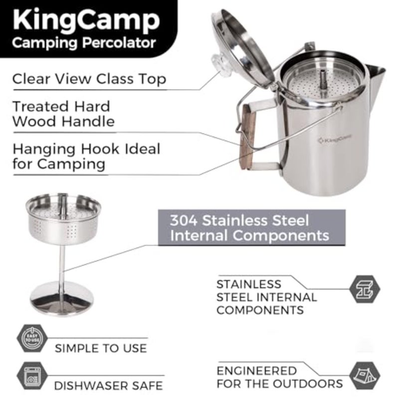 KingCamp Percolator Coffee Pot Campfire Coffee غلاية غلاية 304 من الفولاذ المقاوم للصدأ مع مقبض خشبي لأدوات الطبخ للتخييم في الهواء الطلق، والمقصورة، وRV، والمطبخ، والصيد وحقائب الظهر، بدون ألومنيوم أو بلاستيك 9 أكواب - Image 3