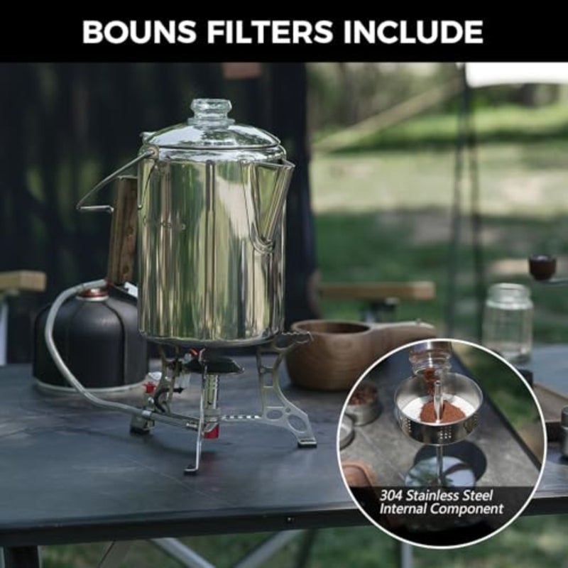 KingCamp Percolator Coffee Pot Campfire Coffee غلاية غلاية 304 من الفولاذ المقاوم للصدأ مع مقبض خشبي لأدوات الطبخ للتخييم في الهواء الطلق، والمقصورة، وRV، والمطبخ، والصيد وحقائب الظهر، بدون ألومنيوم أو بلاستيك 9 أكواب - Image 4