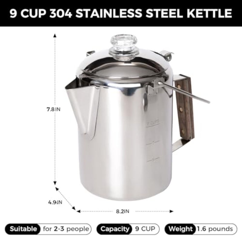 KingCamp Percolator Coffee Pot Campfire Coffee غلاية غلاية 304 من الفولاذ المقاوم للصدأ مع مقبض خشبي لأدوات الطبخ للتخييم في الهواء الطلق، والمقصورة، وRV، والمطبخ، والصيد وحقائب الظهر، بدون ألومنيوم أو بلاستيك 9 أكواب - Image 2