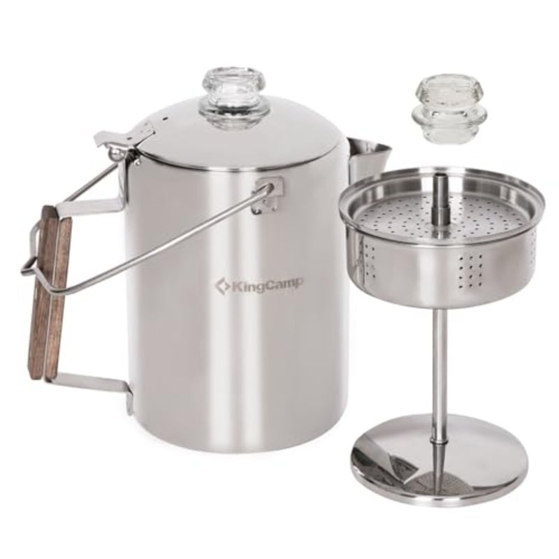 KingCamp Percolator Coffee Pot Campfire Coffee غلاية غلاية 304 من الفولاذ المقاوم للصدأ مع مقبض خشبي لأدوات الطبخ للتخييم في الهواء الطلق، والمقصورة، وRV، والمطبخ، والصيد وحقائب الظهر، بدون ألومنيوم أو بلاستيك 9 أكواب - Image 1