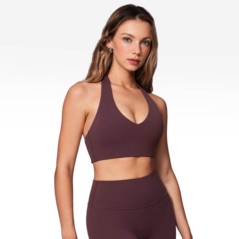 INGIA Womens Halter Longline Sports Bra Padded Low Back Yoga Bra Workout Crop Top with Built in Bra Plumbrown Medium - Image 3