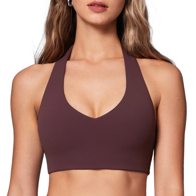 INGIA Womens Halter Longline Sports Bra Padded Low Back Yoga Bra Workout Crop Top with Built in Bra Plumbrown Medium - Image 1