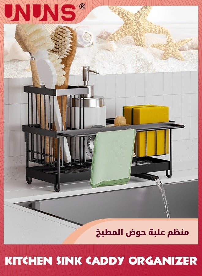 UNUNS Sponge Holder For Kitchen Sink,Sink Caddy With Brush Holder Self-draining,Kitchen Sponge Caddy Organizer With Divider Stainless Steel Sink Accessories Storage For Countertop,Black - Image 1