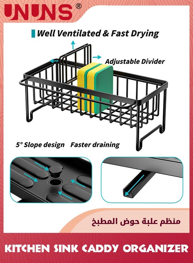 UNUNS Sponge Holder For Kitchen Sink,Sink Caddy With Brush Holder Self-draining,Kitchen Sponge Caddy Organizer With Divider Stainless Steel Sink Accessories Storage For Countertop,Black - Image 2