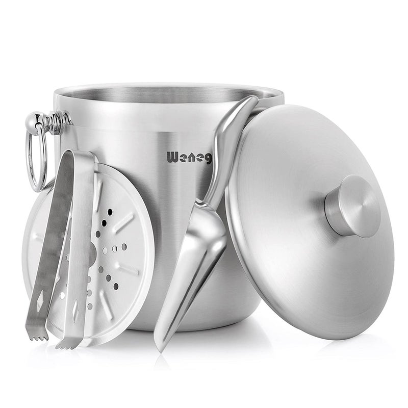WENEGG 3L Insulated Stainless Steel Ice Bucket With Lid Scoop Tongs & Strainer - Keeps Ice Frozen For Cocktails & Parties - Image 1