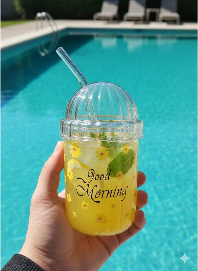 500 ml Heat-Resistant Pyrex Glass Ice Coffee Mug with Airtight Lid, Straw & "Good Morning" Print - Image 1