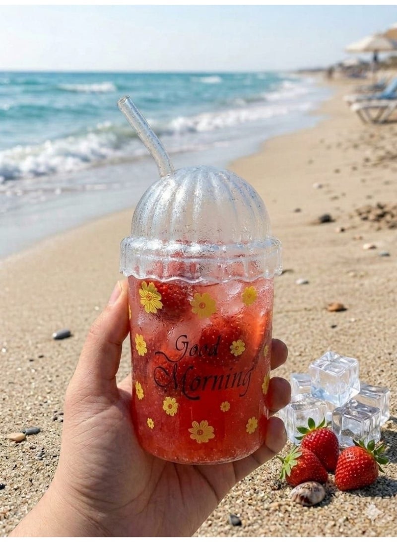 500 ml Heat-Resistant Pyrex Glass Ice Coffee Mug with Airtight Lid, Straw & "Good Morning" Print - Image 4