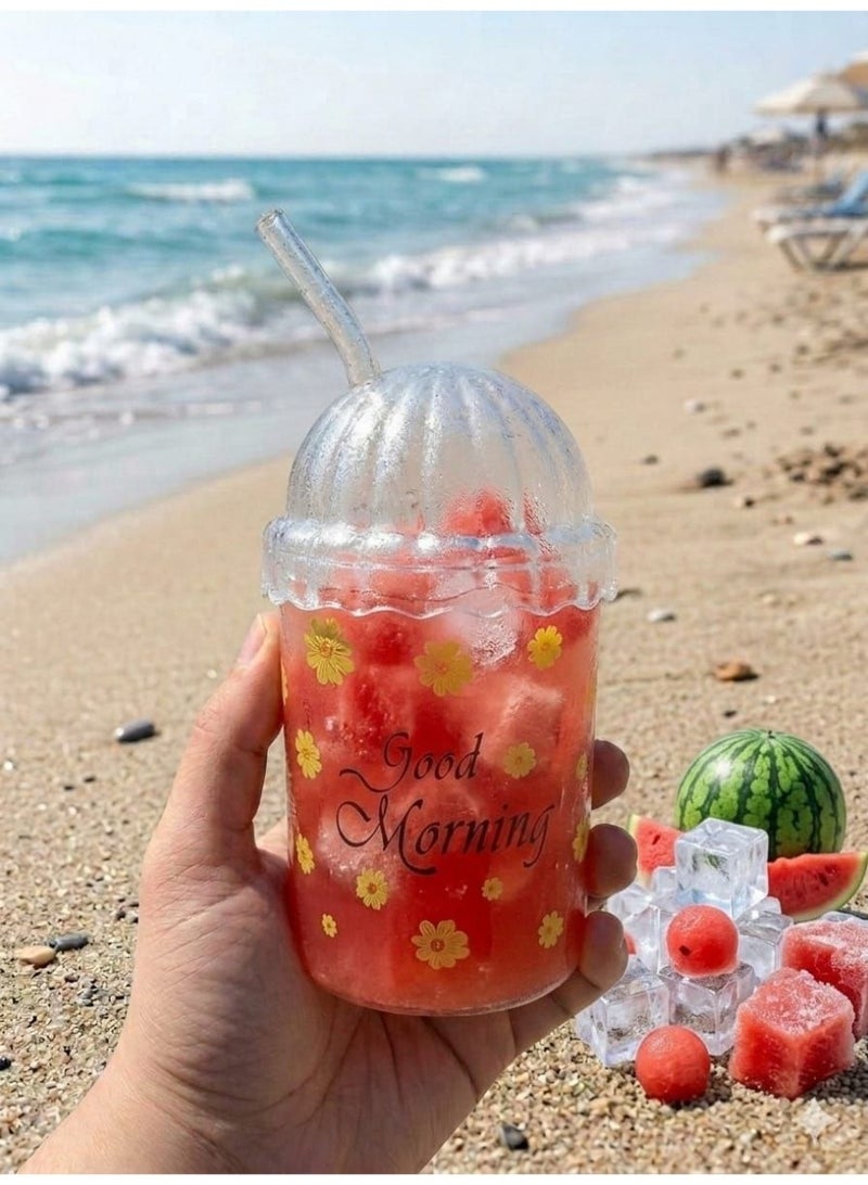 500 ml Heat-Resistant Pyrex Glass Ice Coffee Mug with Airtight Lid, Straw & "Good Morning" Print - Image 2