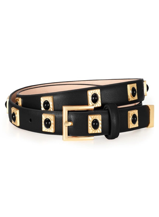 WOWOGO Black Studded Belt for Women Skinny Leather Belt Fashion Punk Thin Ladies Belt for Jeans Pants Dresses - Image 1