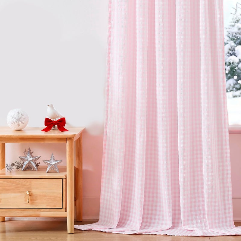 ZJDECOR Pink White Buffalo Plaid Curtain Panels 84 Inches Long,Crinkle Not-See-Through Sheer Drapes for Bedroom Living Room,Farmhouse Window Treatment,Rod Pocket,Tiebacks Included,52"Wx84"L(Pack of 2) - Image 1