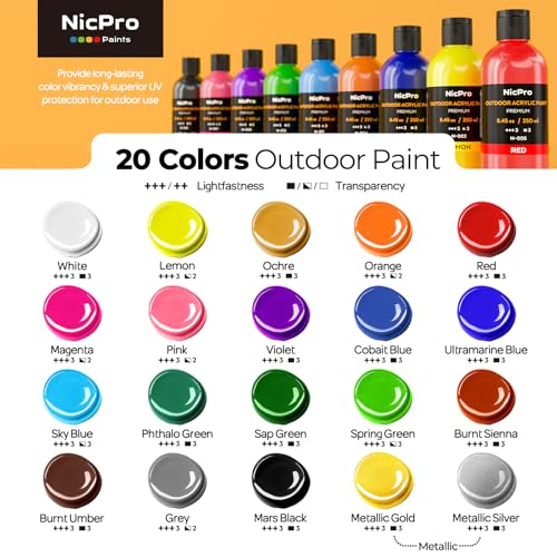 Nicpro 20 Colors Large Bulk Outdoor Acrylic Paint Set 845 oz 250 ml Rich Art Painting Supplies Non Toxic for Multi Surface Canvas Rock Wood Leather Fabric Stone Metal Wall Craft with Color Wheel - Image 3