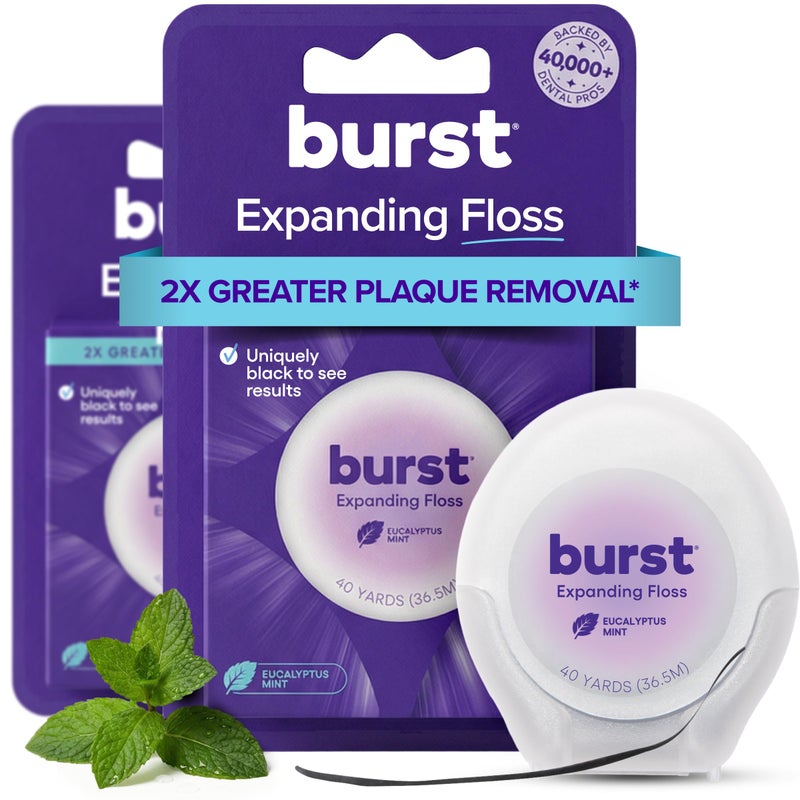 Burst Expanding Dental Floss (Mint Eucalyptus/80 Yards) | Stain Absorbing & Woven Tooth Floss with Xylitol Coating to Fight Cavities | Vegan | Paraben Free Expanding Floss - Image 1