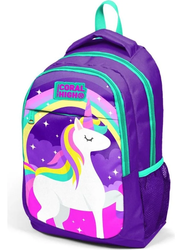 CORAL HIGH Kids Purple Aqua Green Unicorn Patterned Three Compartment School Backpack 14376