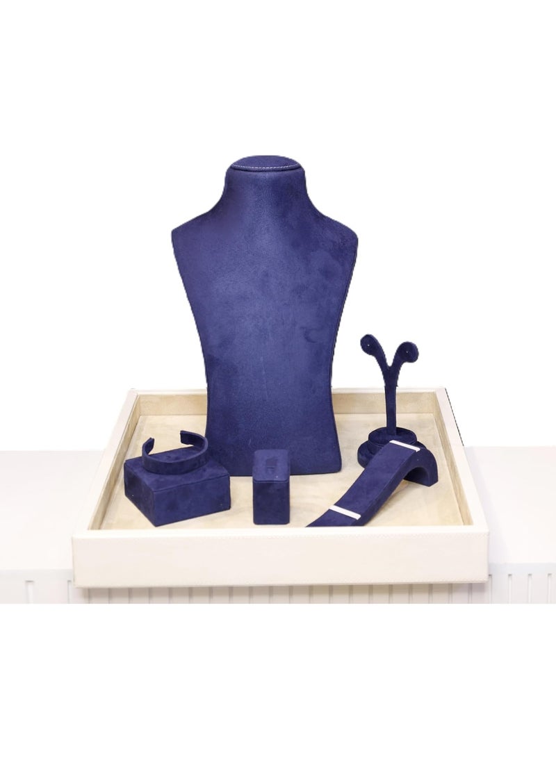 Lamsit Ibdaa Velvet Jewellery Box with Leather Base & Necklace Display Stand – Premium Luxury Organizer Gift Box for Women – (Dark Blue) - Image 3