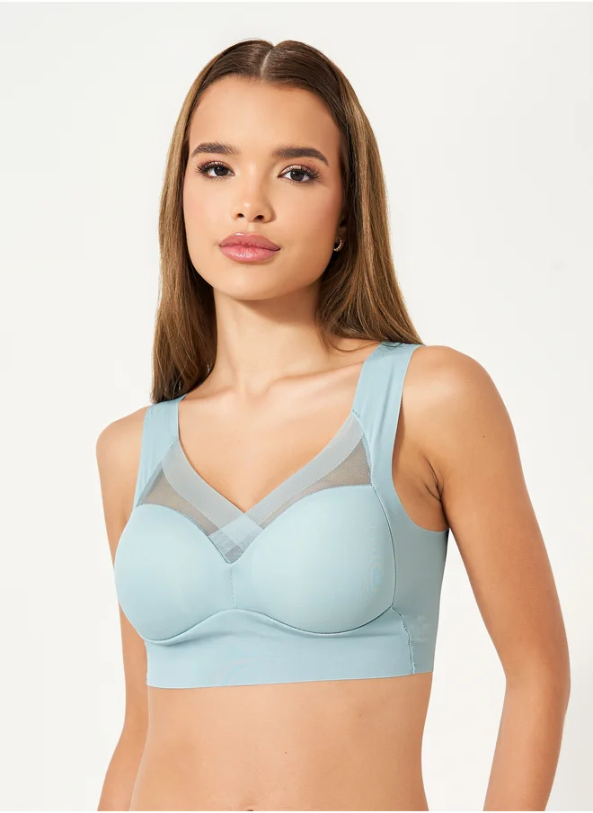 Styli Pack of 3 - Padded Non Wired Full Support Mesh Cross Over Front Detail Crop Top