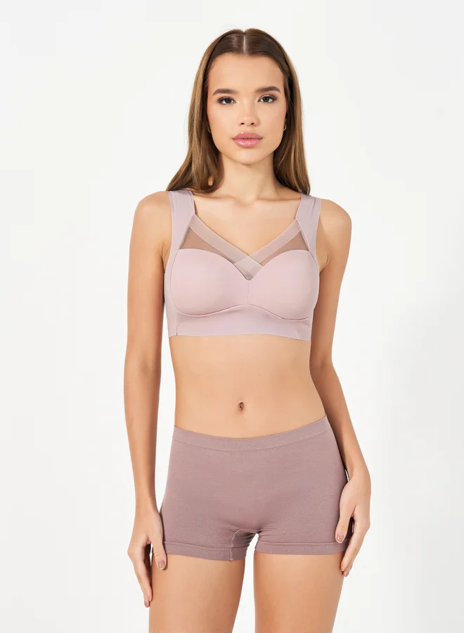 Styli Pack of 3 - Padded Non Wired Full Support Mesh Cross Over Front Detail Crop Top