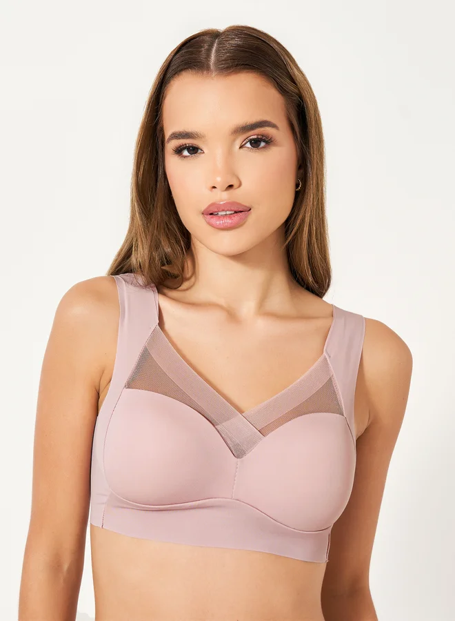 Styli Pack of 3 - Padded Non Wired Full Support Mesh Cross Over Front Detail Crop Top