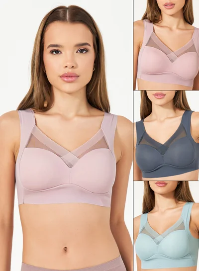 Styli Pack of 3 - Padded Non Wired Full Support Mesh Cross Over Front Detail Crop Top