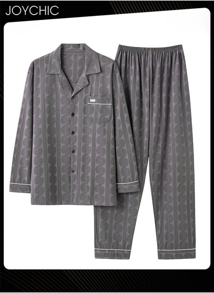 NIBEMINENT - 2-piece of Men's Lapel Pajamas Set Spring and Autumn Winter Pure Cotton Skin-friendly Breathable Sleepwear Long-sleeved Homewear with Pockets - Image 1
