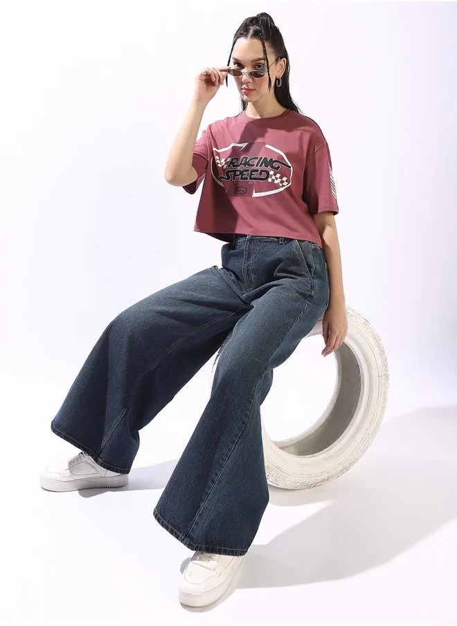 هاي ستار Women's Rust 100% Cotton Printed Boxy Fit T-Shirt