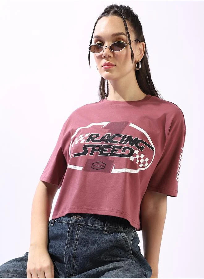 هاي ستار Women's Rust 100% Cotton Printed Boxy Fit T-Shirt