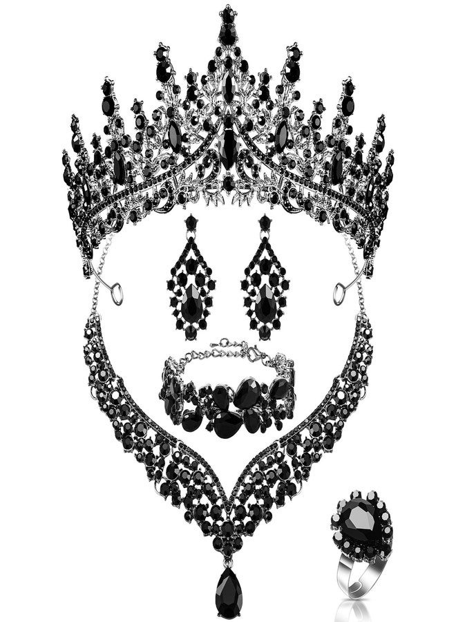 تونديامو طقم مجوهرات زفاف كريستالي من تونديمو مكون من 6 قطع للنساء، يشمل تيجانًا، وأقراطًا، وقلادة، وسوارًا، وخاتمًا، وإكسسوارات وهدايا لحفلات الزفاف (أسود). - Image 1