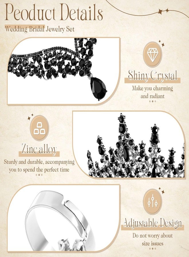 تونديامو طقم مجوهرات زفاف كريستالي من تونديمو مكون من 6 قطع للنساء، يشمل تيجانًا، وأقراطًا، وقلادة، وسوارًا، وخاتمًا، وإكسسوارات وهدايا لحفلات الزفاف (أسود). - Image 5