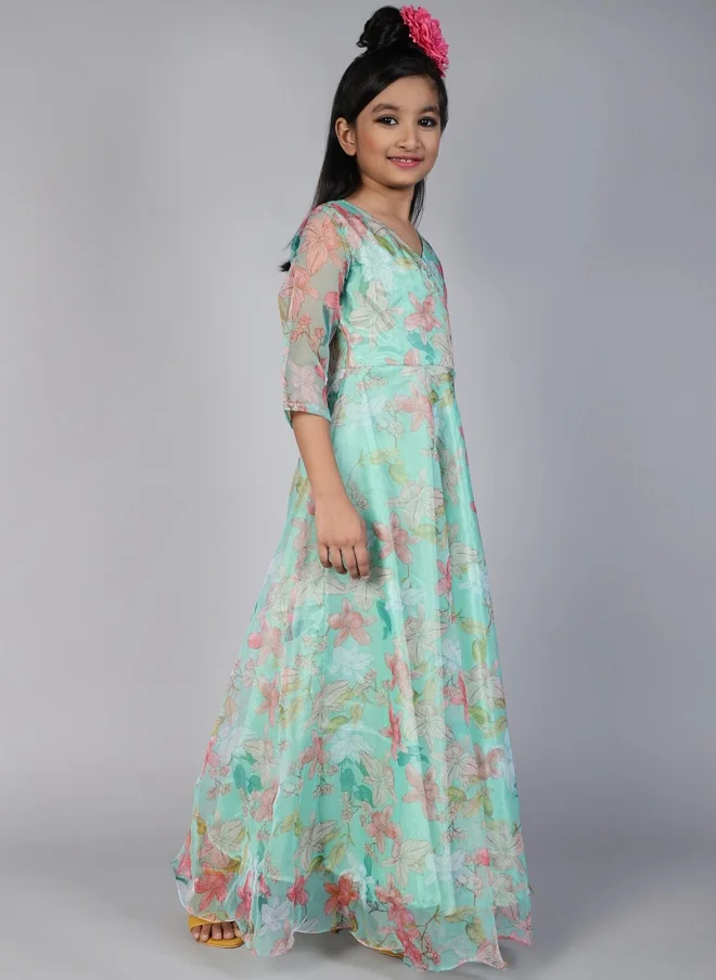 AKS Floral Print V-Neck Maxi Dress for Girls