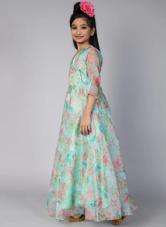 AKS Floral Print V-Neck Maxi Dress for Girls
