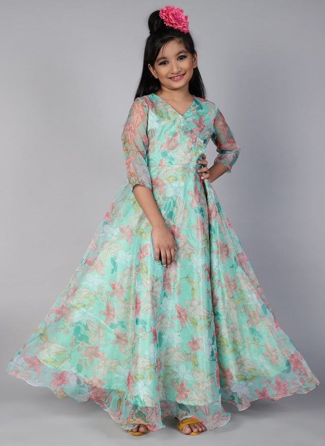 AKS Floral Print V-Neck Maxi Dress for Girls - Image 1