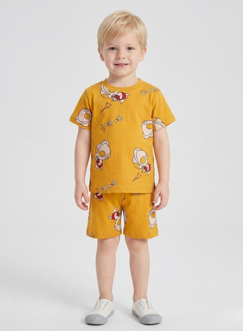 babyqlo Boys Mustard Rocket Print Shorts Set - Image 1
