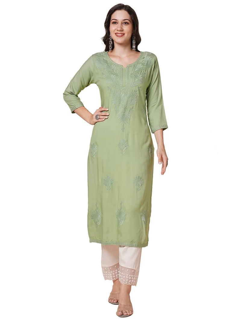 RATAN Women Rayon Straight Fit Lucknowi Chikankari Ethnic Wear Kurta (MEHR-1791-S_Dusty Green) - Image 1
