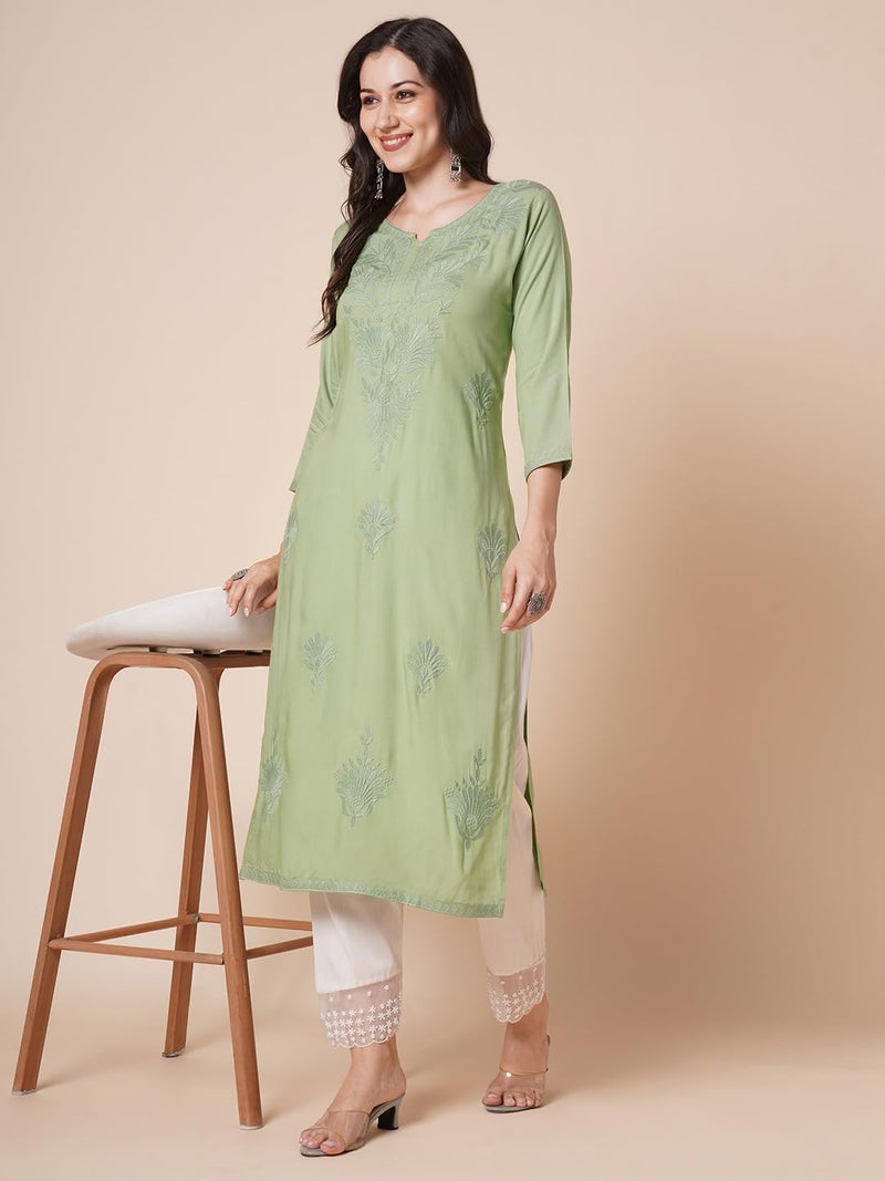 RATAN Women Rayon Straight Fit Lucknowi Chikankari Ethnic Wear Kurta (MEHR-1791-S_Dusty Green) - Image 3