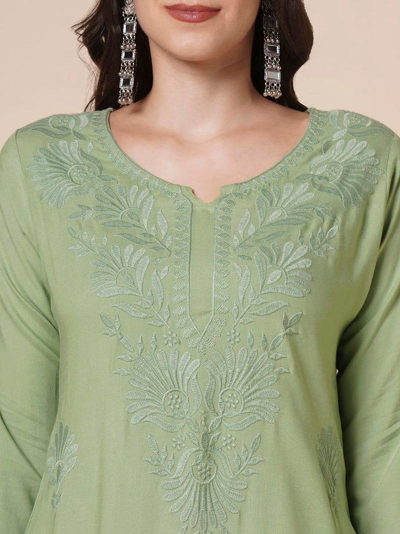 RATAN Women Rayon Straight Fit Lucknowi Chikankari Ethnic Wear Kurta (MEHR-1791-S_Dusty Green) - Image 2