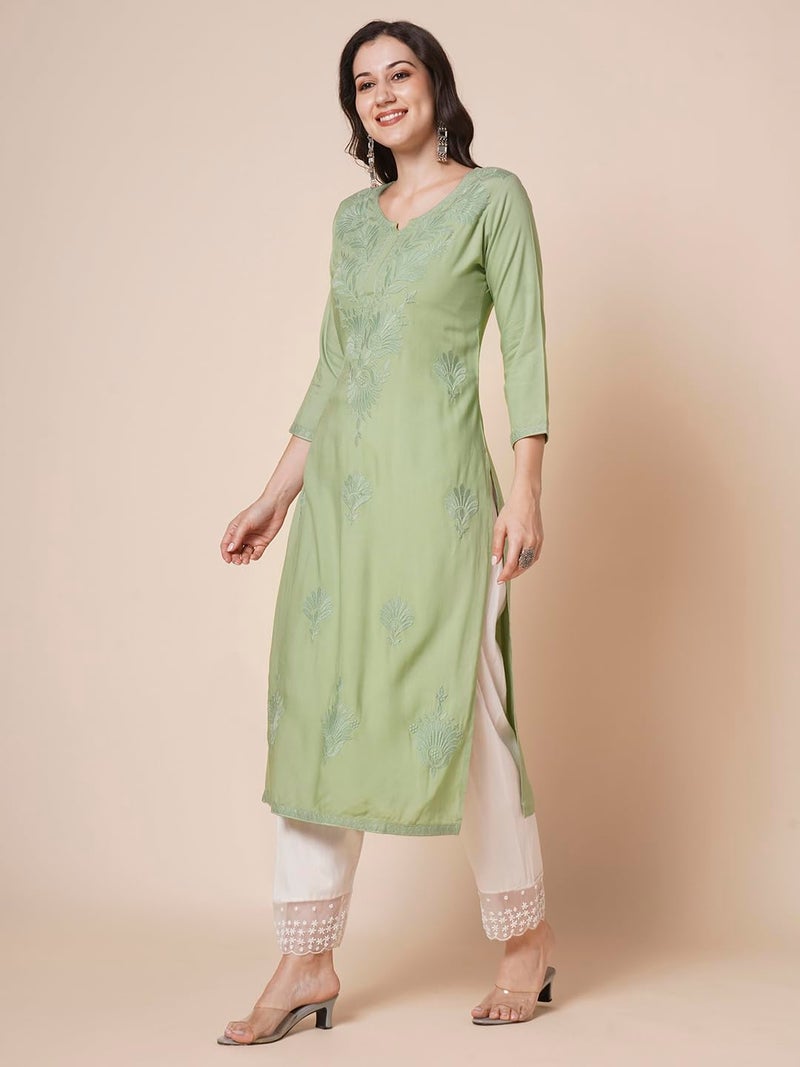 RATAN Women Rayon Straight Fit Lucknowi Chikankari Ethnic Wear Kurta (MEHR-1791-S_Dusty Green) - Image 5